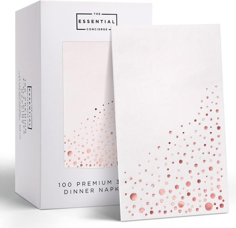 The Essential Concierge Stylish Rose Gold Napkins, 100 Count Disposable Napkins, 7.5 x 4.25 Inch, Rose Gold & White, 3-Ply Paper Napkins - Image 1
